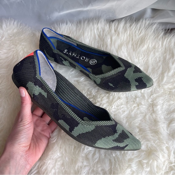 ROTHYS THE POINT OLIVE CAMO FLAT SHOES Rubber Point Toe Army - Picture 5 of 12